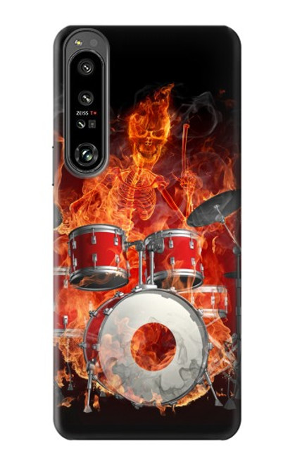 W1431 Skull Drum Fire Rock Hülle Schutzhülle Taschen und Leder Flip für Sony Xperia 1 IV