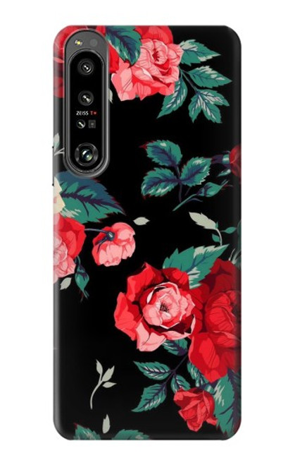 W3112 Rose Floral Pattern Black Hülle Schutzhülle Taschen und Leder Flip für Sony Xperia 1 IV