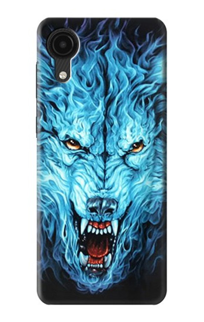W0752 Blue Fire Grim Wolf Hülle Schutzhülle Taschen und Leder Flip für Samsung Galaxy A03 Core