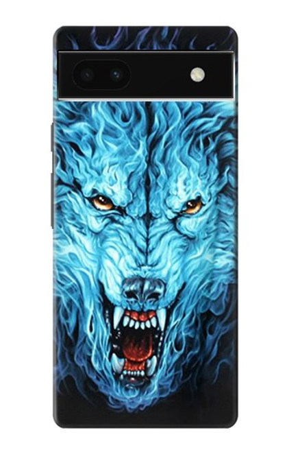 W0752 Blue Fire Grim Wolf Hülle Schutzhülle Taschen und Leder Flip für Google Pixel 6a