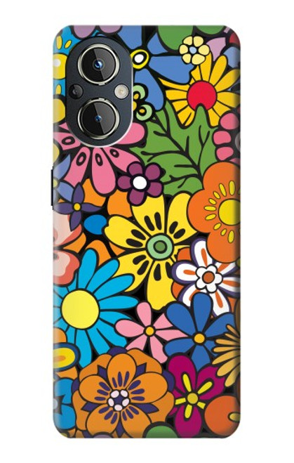 W3281 Colorful Hippie Flowers Pattern Hülle Schutzhülle Taschen und Leder Flip für OnePlus Nord N20 5G