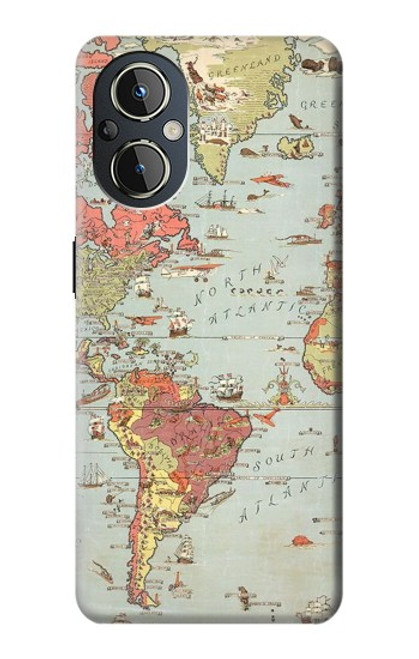 W3418 Vintage World Map Hülle Schutzhülle Taschen und Leder Flip für OnePlus Nord N20 5G