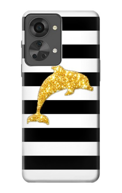 W2882 Black and White Striped Gold Dolphin Hülle Schutzhülle Taschen und Leder Flip für OnePlus Nord 2T