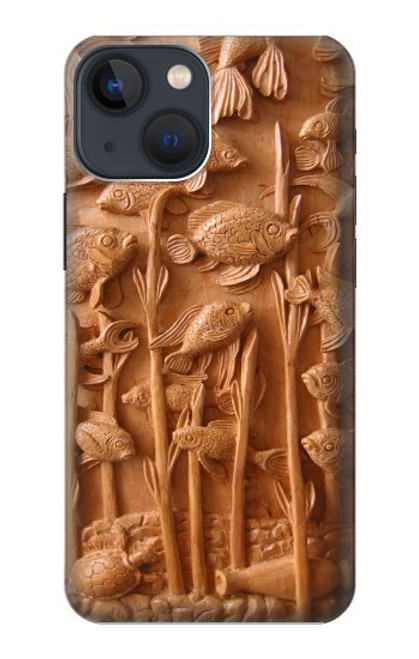 W1307 Fish Wood Carving Graphic Printed Hülle Schutzhülle Taschen und Leder Flip für iPhone 14