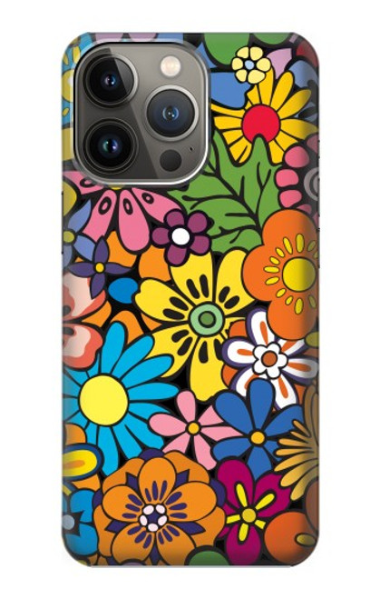 W3281 Colorful Hippie Flowers Pattern Hülle Schutzhülle Taschen und Leder Flip für iPhone 14 Pro