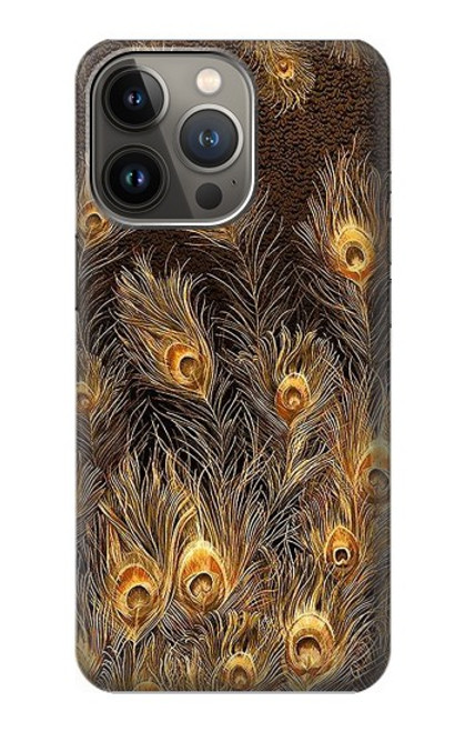 W3691 Gold Peacock Feather Hülle Schutzhülle Taschen und Leder Flip für iPhone 14 Pro Max