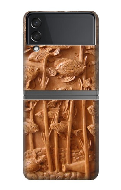 W1307 Fish Wood Carving Graphic Printed Hülle Schutzhülle Taschen Flip für Samsung Galaxy Z Flip 4