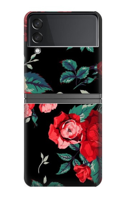 W3112 Rose Floral Pattern Black Hülle Schutzhülle Taschen Flip für Samsung Galaxy Z Flip 4