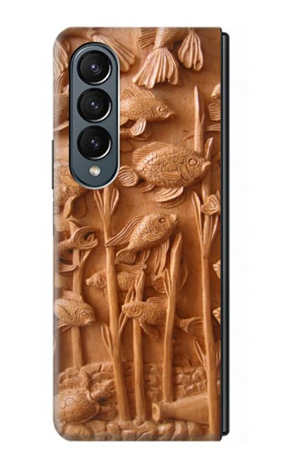 W1307 Fish Wood Carving Graphic Printed Hülle Schutzhülle Taschen Flip für Samsung Galaxy Z Fold 4