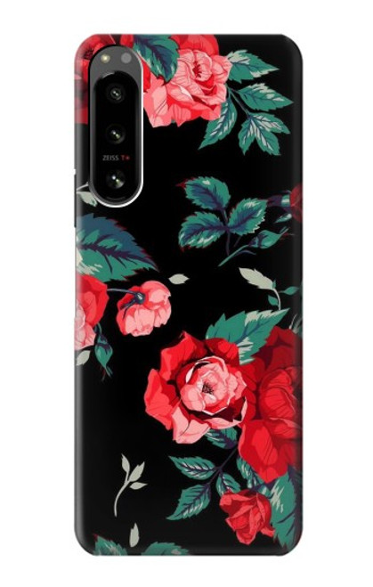 W3112 Rose Floral Pattern Black Hülle Schutzhülle Taschen und Leder Flip für Sony Xperia 5 IV