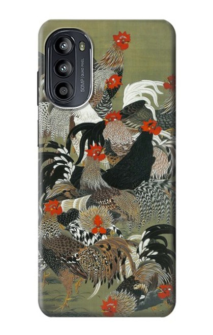 W2699 Ito Jakuchu Rooster Hülle Schutzhülle Taschen und Leder Flip für Motorola Moto G52, G82 5G