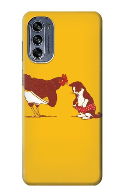 W1093 Rooster and Cat Joke Hülle Schutzhülle Taschen und Leder Flip für Motorola Moto G62 5G