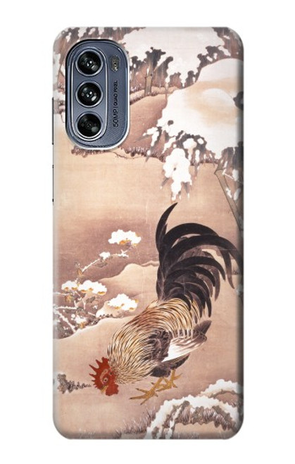 W1332 Ito Jakuchu Rooster Hülle Schutzhülle Taschen und Leder Flip für Motorola Moto G62 5G