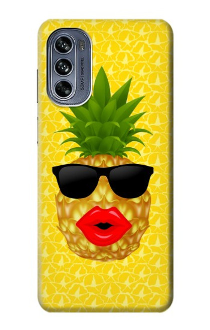 W2443 Funny Pineapple Sunglasses Kiss Hülle Schutzhülle Taschen und Leder Flip für Motorola Moto G62 5G