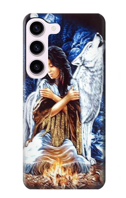 W0147 Grim Wolf Indian Girl Hülle Schutzhülle Taschen und Leder Flip für Samsung Galaxy S23