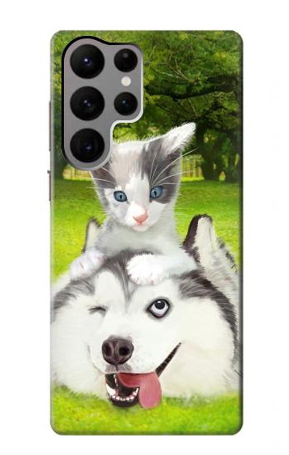 W3795 Kitten Cat Playful Siberian Husky Dog Paint Hülle Schutzhülle Taschen und Leder Flip für Samsung Galaxy S23 Ultra