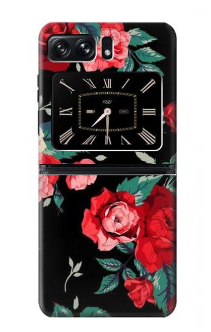 W3112 Rose Floral Pattern Black Hülle Schutzhülle Taschen und Leder Flip für Motorola Moto Razr 2022