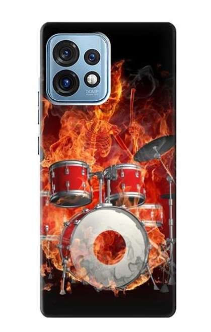 W1431 Skull Drum Fire Rock Hülle Schutzhülle Taschen und Leder Flip für Motorola Edge+ (2023), X40, X40 Pro, Edge 40 Pro