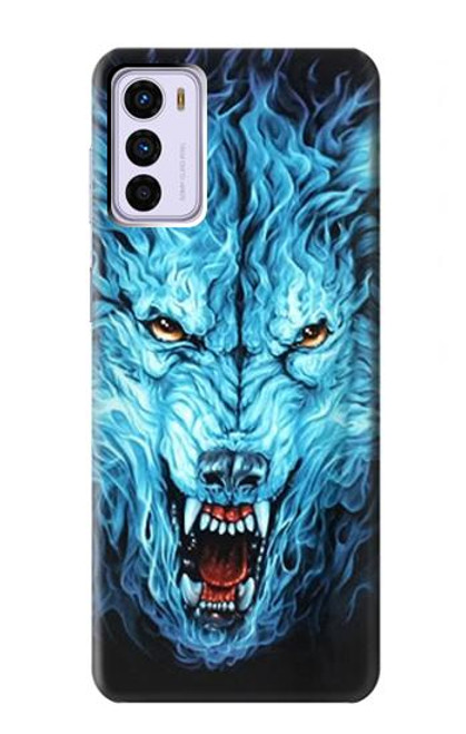 W0752 Blue Fire Grim Wolf Hülle Schutzhülle Taschen und Leder Flip für Motorola Moto G42