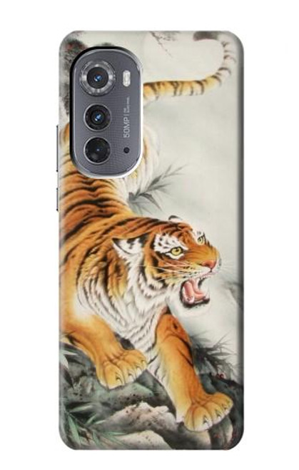 W2751 Chinese Tiger Brush Painting Hülle Schutzhülle Taschen und Leder Flip für Motorola Edge (2022)