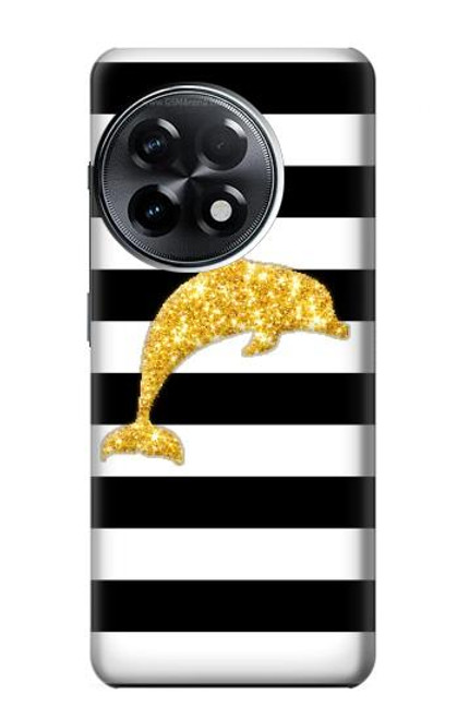 W2882 Black and White Striped Gold Dolphin Hülle Schutzhülle Taschen und Leder Flip für OnePlus 11R