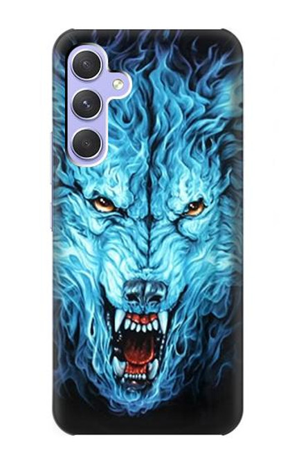 W0752 Blue Fire Grim Wolf Hülle Schutzhülle Taschen und Leder Flip für Samsung Galaxy A54 5G