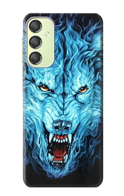 W0752 Blue Fire Grim Wolf Hülle Schutzhülle Taschen und Leder Flip für Samsung Galaxy A24 4G