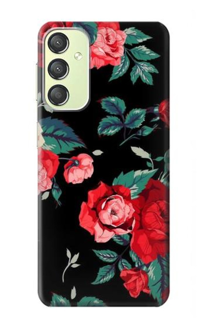 W3112 Rose Floral Pattern Black Hülle Schutzhülle Taschen und Leder Flip für Samsung Galaxy A24 4G