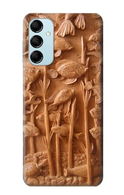 W1307 Fish Wood Carving Graphic Printed Hülle Schutzhülle Taschen und Leder Flip für Samsung Galaxy M14