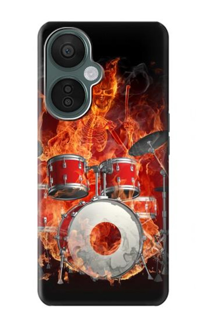 W1431 Skull Drum Fire Rock Hülle Schutzhülle Taschen und Leder Flip für OnePlus Nord CE 3 Lite, Nord N30 5G