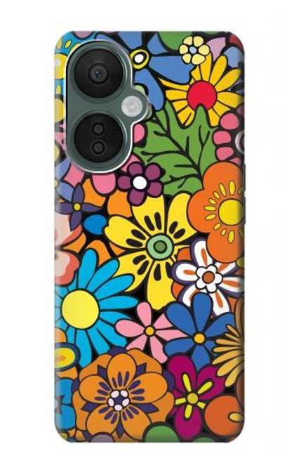 W3281 Colorful Hippie Flowers Pattern Hülle Schutzhülle Taschen und Leder Flip für OnePlus Nord CE 3 Lite, Nord N30 5G