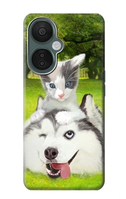 W3795 Kitten Cat Playful Siberian Husky Dog Paint Hülle Schutzhülle Taschen und Leder Flip für OnePlus Nord CE 3 Lite, Nord N30 5G