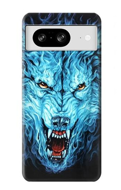 W0752 Blue Fire Grim Wolf Hülle Schutzhülle Taschen und Leder Flip für Google Pixel 8