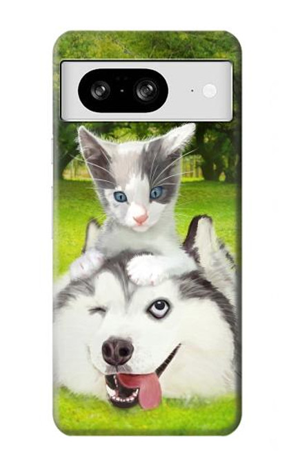 W3795 Kitten Cat Playful Siberian Husky Dog Paint Hülle Schutzhülle Taschen und Leder Flip für Google Pixel 8