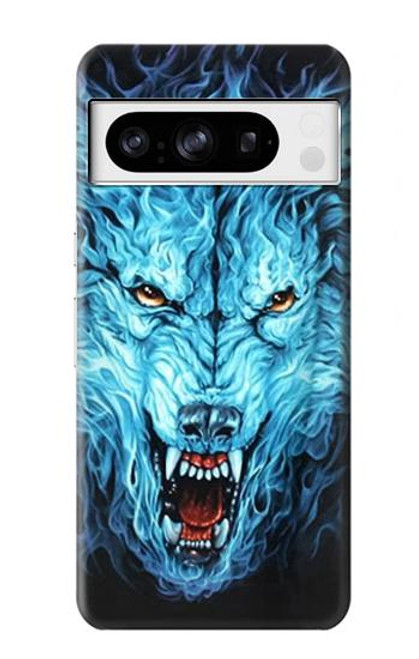 W0752 Blue Fire Grim Wolf Hülle Schutzhülle Taschen und Leder Flip für Google Pixel 8 pro