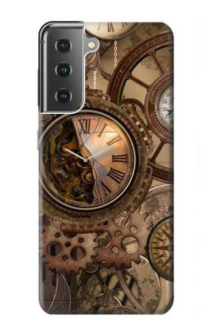 W3927 Compass Clock Gage Steampunk Hülle Schutzhülle Taschen und Leder Flip für Samsung Galaxy S21 Plus 5G, Galaxy S21+ 5G