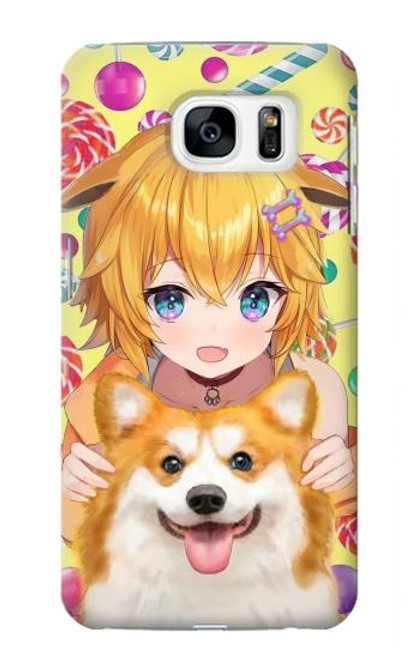 W3918 Baby Corgi Dog Corgi Girl Candy Hülle Schutzhülle Taschen und Leder Flip für Samsung Galaxy S7