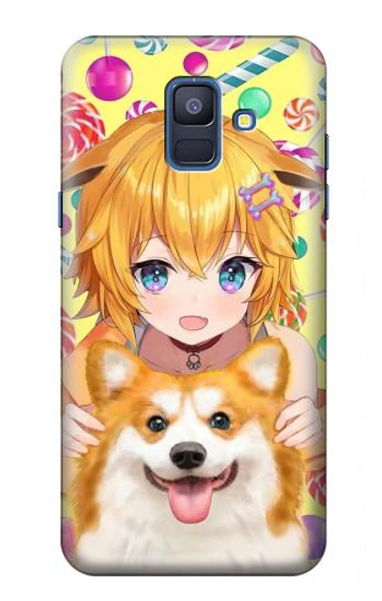 W3918 Baby Corgi Dog Corgi Girl Candy Hülle Schutzhülle Taschen und Leder Flip für Samsung Galaxy A6 (2018)