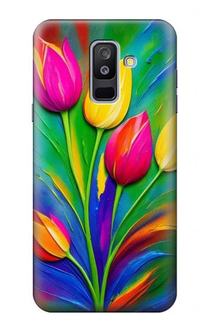 W3926 Colorful Tulip Oil Painting Hülle Schutzhülle Taschen und Leder Flip für Samsung Galaxy A6+ (2018), J8 Plus 2018, A6 Plus 2018