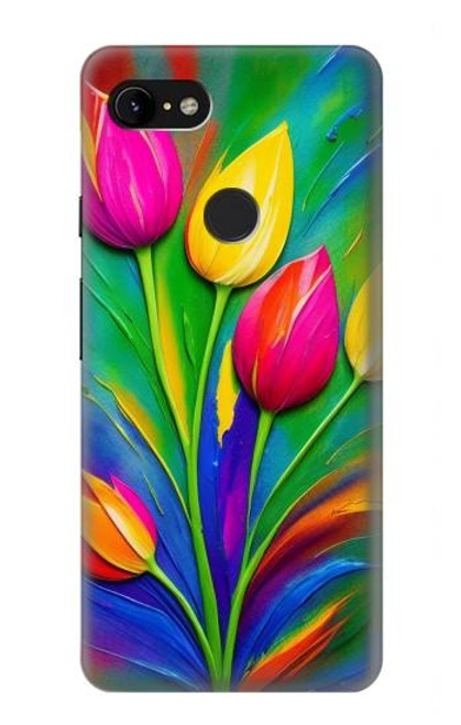 W3926 Colorful Tulip Oil Painting Hülle Schutzhülle Taschen und Leder Flip für Google Pixel 3 XL