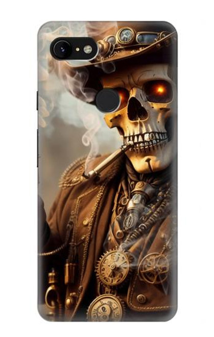 W3949 Steampunk Skull Smoking Hülle Schutzhülle Taschen und Leder Flip für Google Pixel 3 XL