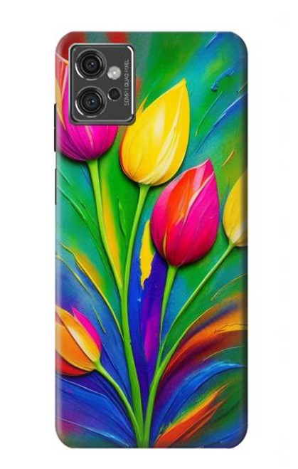 W3926 Colorful Tulip Oil Painting Hülle Schutzhülle Taschen und Leder Flip für Motorola Moto G32