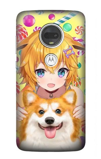 W3918 Baby Corgi Dog Corgi Girl Candy Hülle Schutzhülle Taschen und Leder Flip für Motorola Moto G7, Moto G7 Plus