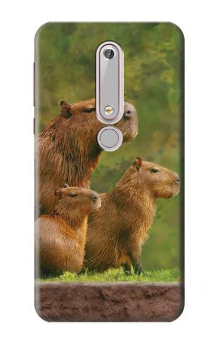 W3917 Capybara Family Giant Guinea Pig Hülle Schutzhülle Taschen und Leder Flip für Nokia 6.1, Nokia 6 2018