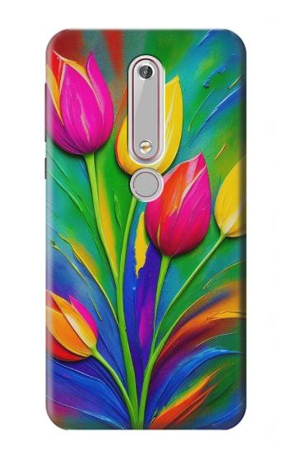 W3926 Colorful Tulip Oil Painting Hülle Schutzhülle Taschen und Leder Flip für Nokia 6.1, Nokia 6 2018