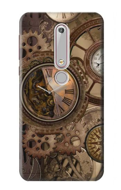W3927 Compass Clock Gage Steampunk Hülle Schutzhülle Taschen und Leder Flip für Nokia 6.1, Nokia 6 2018