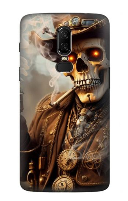 W3949 Steampunk Skull Smoking Hülle Schutzhülle Taschen und Leder Flip für OnePlus 6