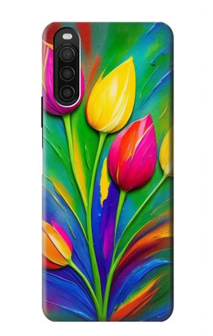 W3926 Colorful Tulip Oil Painting Hülle Schutzhülle Taschen und Leder Flip für Sony Xperia 10 III