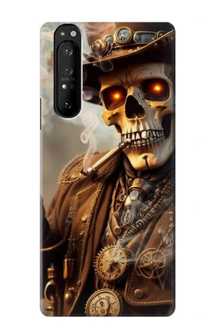 W3949 Steampunk Skull Smoking Hülle Schutzhülle Taschen und Leder Flip für Sony Xperia 1 III