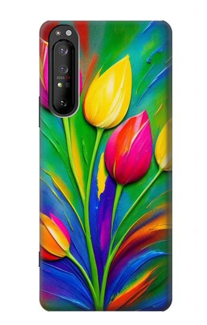W3926 Colorful Tulip Oil Painting Hülle Schutzhülle Taschen und Leder Flip für Sony Xperia 1 II